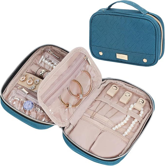 NISHEL Travel Jewelry Case, Holiday Organizer for Necklaces, Earrings, Rings, Bracelets, Watch,Small,Lake-Blue