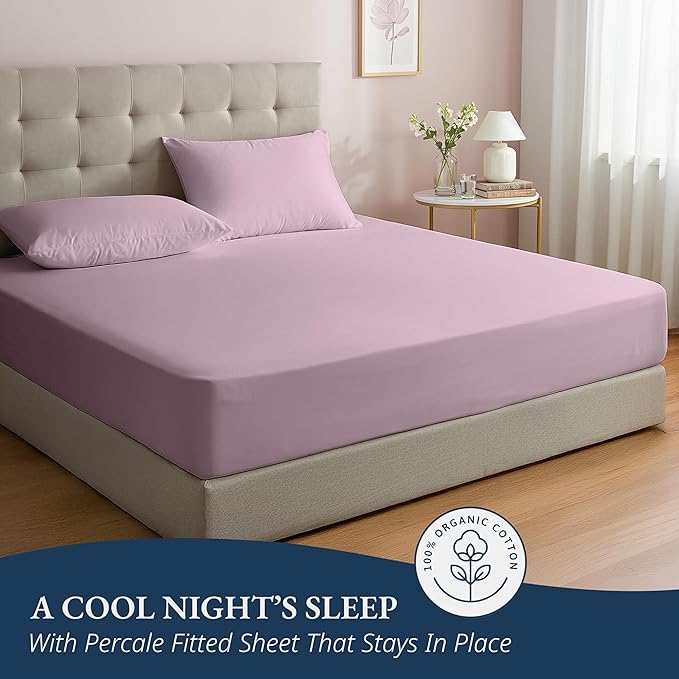 LANE LINEN Full Fitted Sheet, 100% Organic Cotton, 3-Piece Set (1 Fitted Sheet,2 Pillowcases), Percale Weave, Full Bed Bottom Sheet, Soft, Fits Mattress Upto 15" Deep - Lilac(No Flat Sheet)