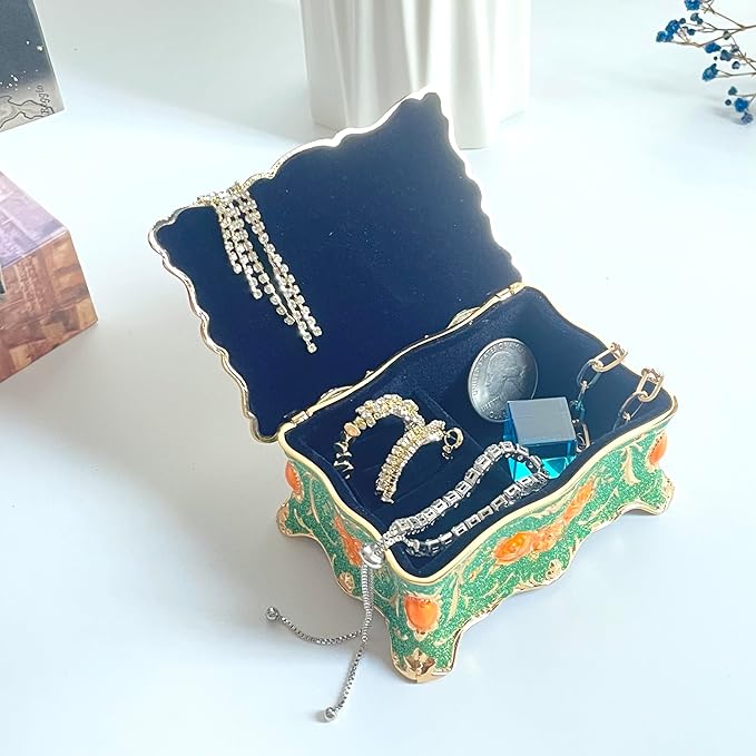 Truewon Jewelry Chest Rose Pastoral Style Metal Box Trinket Vintage Trinket Gemstone Storage Tray Treasure Souvenir Gift Case for Girls Women (Golden Starshine Green, Small)