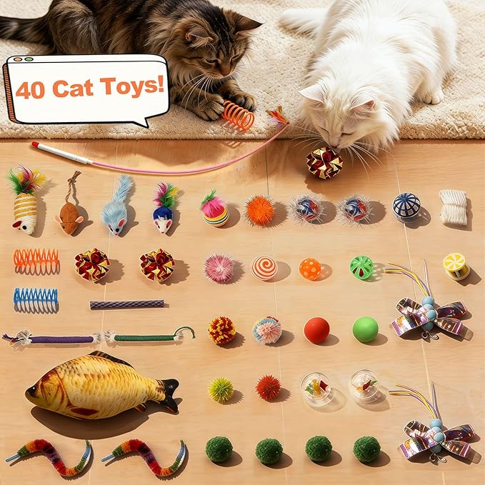 40 Pcs Interactive Cat Toys with Cute Cat Bed, Funny Supercar Kitten Toys for Indoor Kittens, Soft Kitten Beds with Catnip Toys, Chew Rope, Feather Wand, Springs and Balls