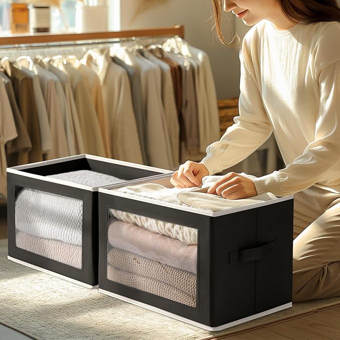 Foldable Storage Box with Lid - Closet Storage Organizer with Window, Storage Bins with Lids for Clothes, Fabric Storage Baskets for Shelves, Bedroom, Dorm, Black, 4 Pack