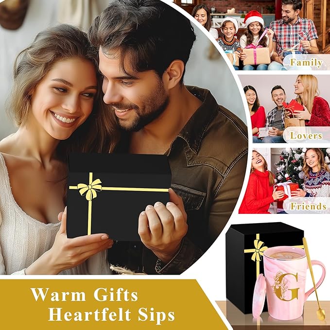 MNZZ Personalized Ceramic Coffee Mug with Lid, 14 oz, Pink, Letter G, Marble Finish, Gold Detailing, Reusable, Dishwasher Safe, Perfect for Hot Drinks, Home, Birthday Gifts