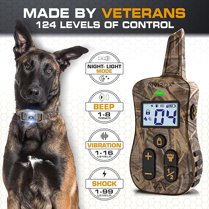 INVIROX Dog Shock Collar [Ultra K9] 124 Training Levels, 4 Powerful Modes with Night-Light and ¾ Mile Range 100% Safe Dog Training Collar for Large Dogs IP67 Waterproof (Camouflage)