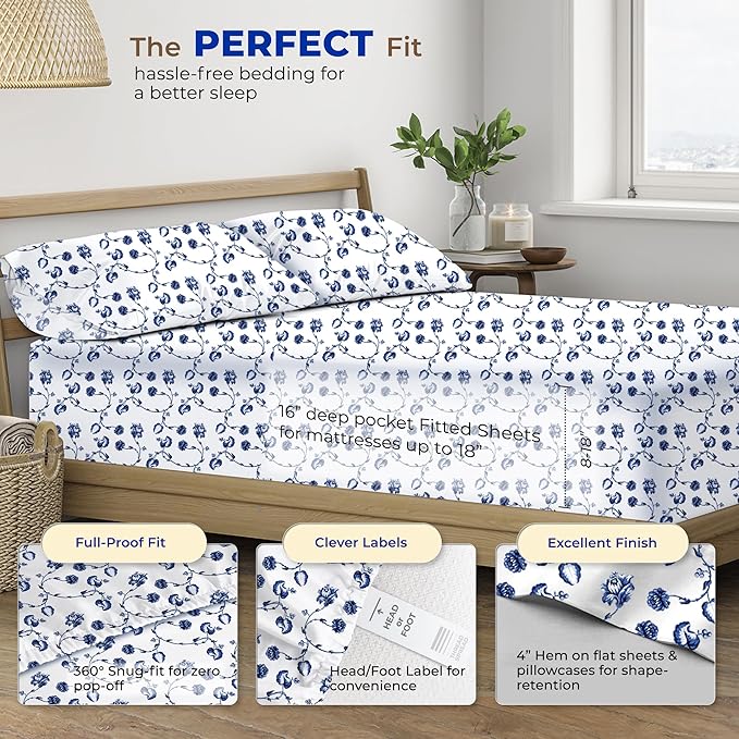 THREAD SPREAD 100% Egyptian Cotton Printed Bed Sheets - 600 Thread Count 4 PC Queen Sheet Set, Hotel Luxury Sateen Bedsheets, 16" Deep Pocket Soft Cooling Sheets for Queen Size Bed - Floral Blue