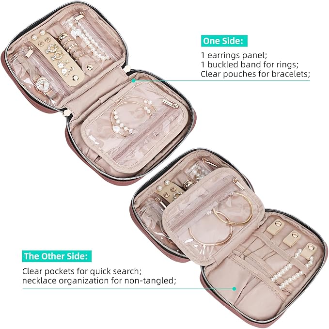 NISHEL Travel Jewelry Case, Holiday Organizer for Necklaces, Earrings, Rings, Bracelets, Watch,Small,Rosewood-Pink