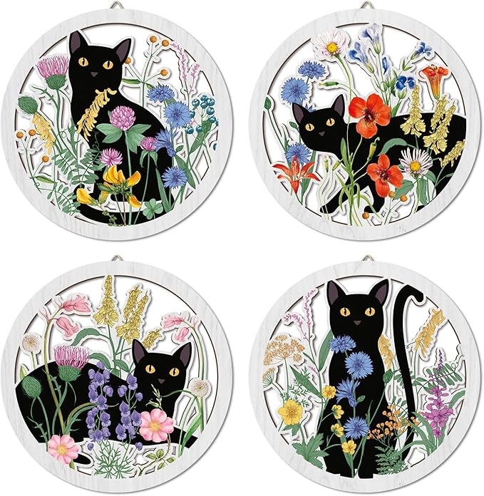 HPNIUB Funny Black Cat Wall Decor,Farmhouse Floral Wooden Signs,4 Pieces 10''x10'' Colorful Botanical Kitten Wall Art,Plant Cat Wood Plaque Home Decor for Pet Shop,Nursery,Lovely Cat Gifts