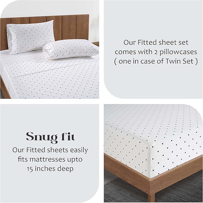LANE LINEN King Fitted Sheet, 100% Organic Cotton, 3-Piece Set (1 Fitted Sheet,2 Pillowcases), Percale Weave, Ultra Soft, Breathable,Fits Mattress Upto 15" Deep - Polka Dot (No Flat Sheet)