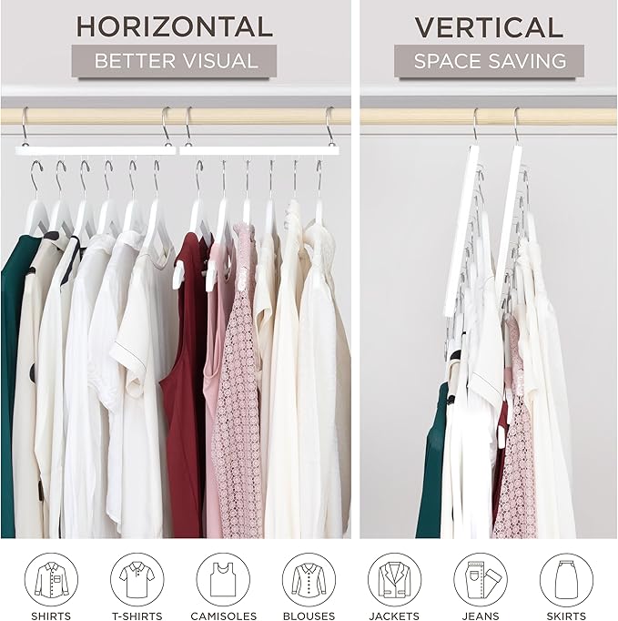 MORALVE Space Saving Hangers for Closet – 4 Pack European Beechwood 6-Tier Shirt Organizer with 360° Swivel Hook – Collapsible Clothes Hanger for Closet Organization (Hangers Not Included)