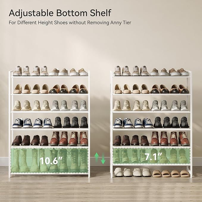 Shoe Rack, Metal Shoe Organizer, 6 Tier Garage Shoe Rack Max Holds 30 Pairs,Shoe Storage Shelf for Closet,Entryway,White