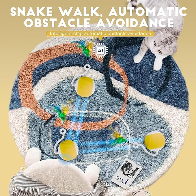 Interactive Cat Toys Ball - Electric Automatic Toys for Indoor cats, LED Lights and Toys Feather Tail with Sound Activated and Touch, USB Rechargeable, 2peeds Mode for Bored Kittens/Adult Cats/Ferret