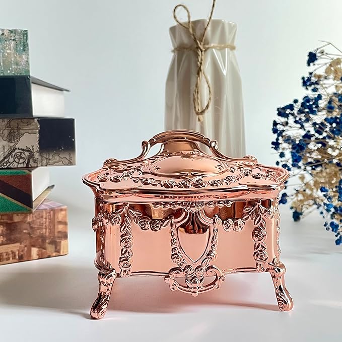 Truewon Princess Jewelry Box, Modern Korean Asian Design Metal Chest Earring Ring Necklaces Storage for Girls (Rose Gold, Medium)