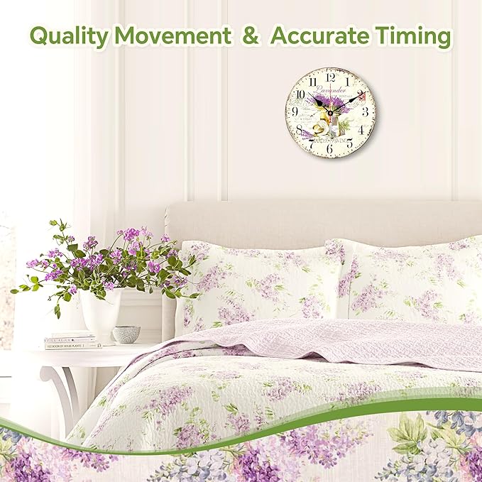 TAHEAT Lavender Wall Clock, Small Vintage Floral Provence Kitchen Clocks, Retro Rustic Battery Operated Wall Clocks for Living Room Bedroom Bathroom Office, 8 Inch