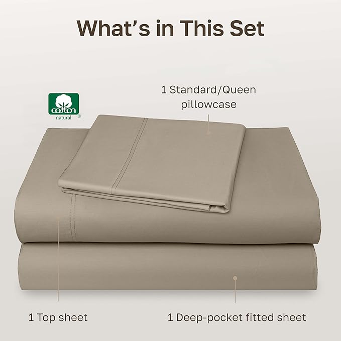 California Design Den Luxury Twin Sheet Set - 100% Cotton, 600 Thread Count Deep Pocket Twin Sheets, Soft Hotel-Quality Bedding with Sateen Weave (Cool Taupe)