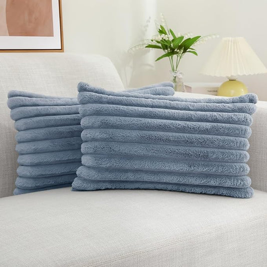decorUhome Faux Fur Spring Throw Pillow Covers 12x20 Set of 2, Decorative Soft Plush Striped Lumbar Neutral Couch Pillow Covers with Velvet Back for Sofa, Bed, Living Room Home, Grey Blue