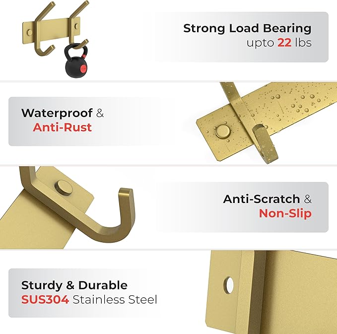 Brushed Gold Small Coat Rack Wall Mount – 6 Inch Stainless Steel Rail with 2 Double Coat Hooks for Entryway, Bathroom, Bedroom, Kitchen – Modern Gold Hook Rack for Coats, Hats, Towels - 2 Pack