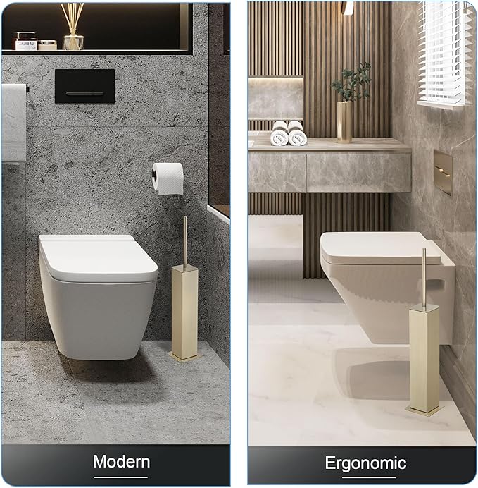 BVL Toilet Brush and Holder Set Brushed Gold Stainless Steel 304 Square Freestanding Toilet Brush for Bathroom