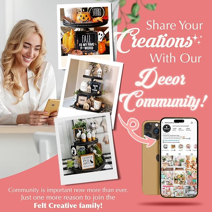 [3-in-1] Wooden Tiered Tray Stand - Beaded 3 Tiered Tray Decor Wood Cupcake Stand for Farmhouse Country Rustic Home - 3 Tier Stand [with 3 Changeable Handles] by Felt Creative Home Goods (Black)