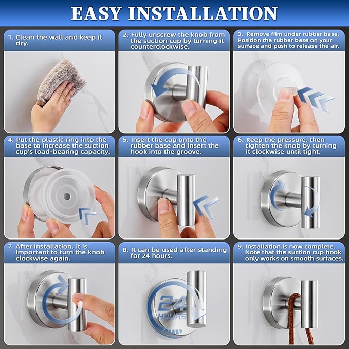 Suction Cup Hooks No Drill Stainless Steel Shower Hooks Towel Hook Robe Hook Heavy Duty on Smooth and Non-Porous Surfaces in Bathrooms Kitchen Bedroom (2, Brushed Nickel)