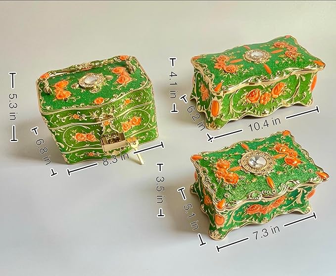 Truewon Jewelry Chest Rose Pastoral Style Metal Box Trinket Vintage Trinket Gemstone Storage Tray Treasure Souvenir Gift Case for Girls Women (Golden Starshine Green, Large)