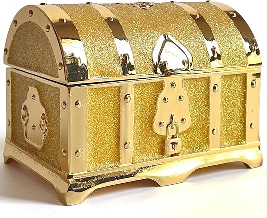 Retro Jewelry Box Arched Vintage Rectangular Metal Chest Necklace Ring Earrings Storage Case for Women Girls (Golden Starlight Yellow, S)