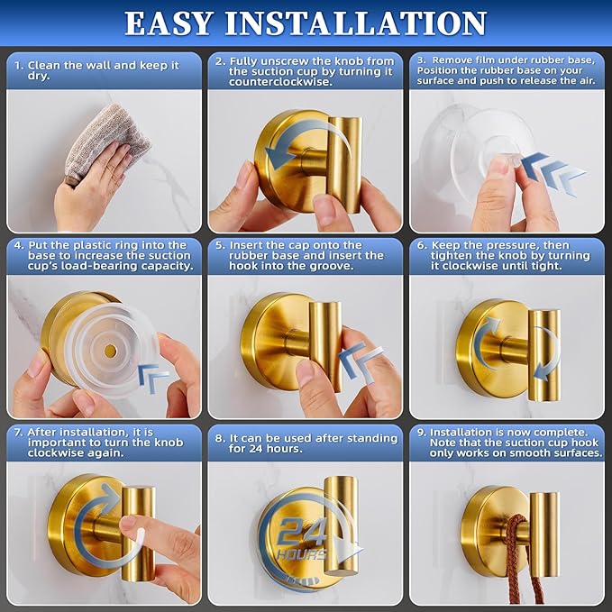 Suction Cup Hooks No Drill Stainless Steel Shower Hooks Towel Hook Robe Hook Heavy Duty on Smooth and Non-Porous Surfaces in Bathrooms Kitchen Bedroom (2, Brushed Gold)