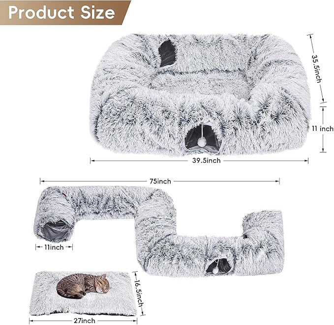 Extra Large Cat Tunnel Bed, 4 Ways Tunnels for Indoor Cats, Multi-cat Family Cat Bed & Cave, Plush Cat Donut with Washable Middle Mat, Exit Balls, Pet Play Toy for Kitten Puppy Rabbit