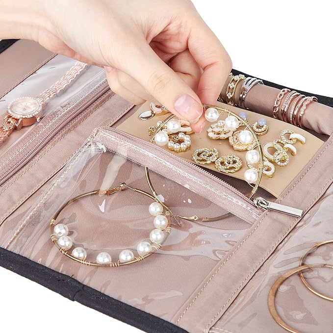 BELALIFE Travel Jewelry Case Organizer, Medium Foldable Storage Roll for Earrings, Necklaces, Rings, Bracelets, Brooches, Black