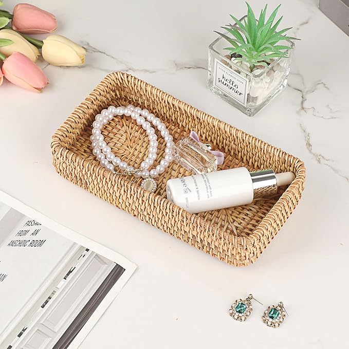 Hipiwe Key Basket for Entryway Table Natural Rattan Serving Tray Small Wicker Trays for Decor Fruit Bowl Decorative Baskets for Kitchen,Coffee Table