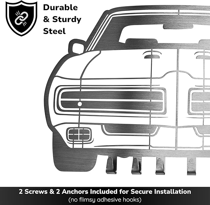 MOOH Metal Automotive Key Holder with 6 Hooks - Unique Wall Mounted Car Lovers Gifts for Men & Women - Cool Man Cave Decor (Pontiac GTO 1969, Stainless Steel)