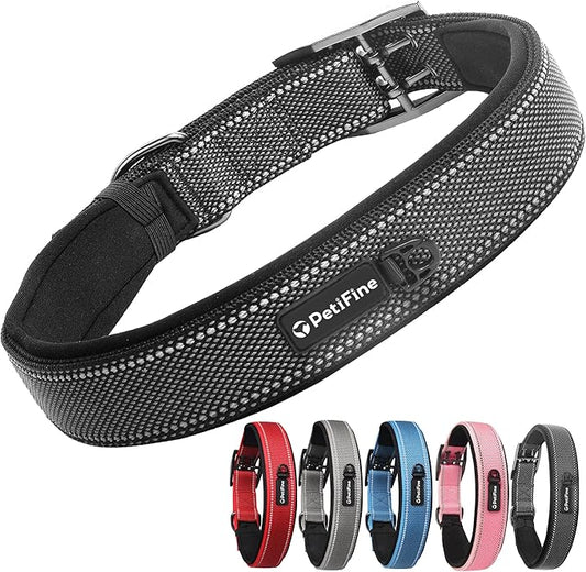 PetiFine Dog Collar for Large Dogs, Neoprene Padded and Adjustable, Reflective Wide Heavy Duty Pet Collars with Durable Metal Belt Buckle for Walking, Black, XL