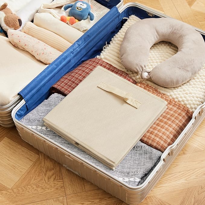 MAX Houser Fabric Cloth Storage Bins,Foldable Storage Cubes Organizer Baskets with Dual Handles for Home Bedroom Storage,Set of 6(Beige)