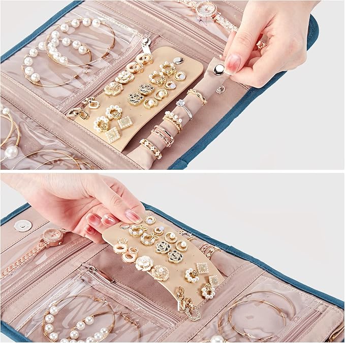 BELALIFE Travel Jewelry Case Organizer, Foldable Storage Roll for Earrings, Necklaces, Rings, Bracelets, Brooches, Lake-Blue