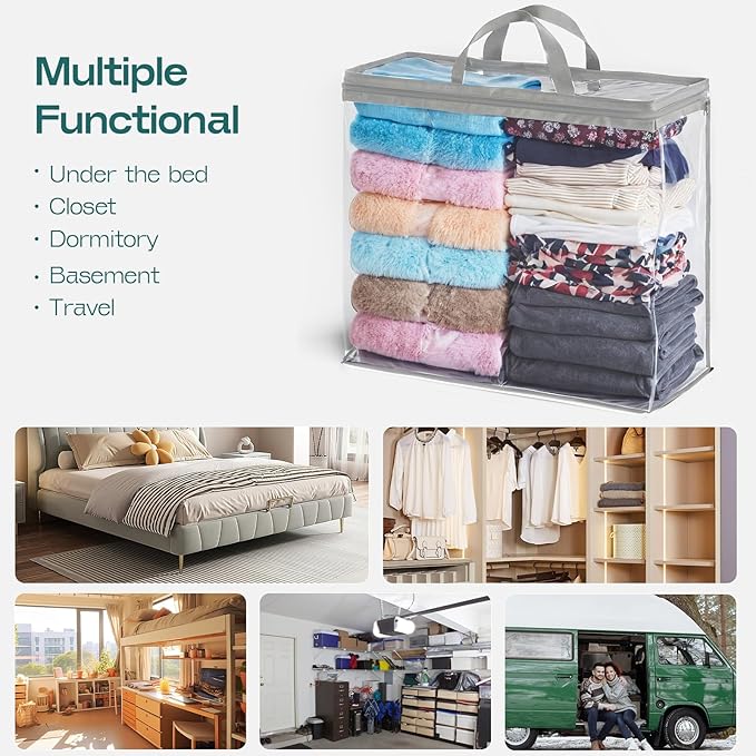 10 Pack Clear Storage Bags for Clothes, 22L Blanket Storage Bags, Under Bed Storage, Closet Organizers Bag, Upgraded Version Two-Way Zippers Design(Grey, 10PACK)