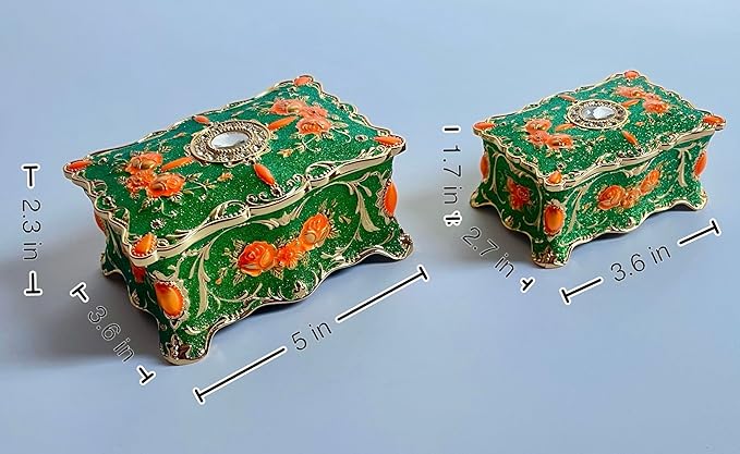 Truewon Jewelry Chest Rose Pastoral Style Metal Box Trinket Vintage Trinket Gemstone Storage Tray Treasure Souvenir Gift Case for Girls Women (Golden Starshine Green, Medium)