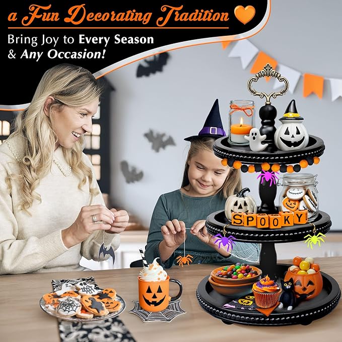 [3-in-1] Wooden Tiered Tray Stand - Beaded 3 Tiered Tray Decor Wood Cupcake Stand for Farmhouse Country Rustic Home - 3 Tier Stand [with 3 Changeable Handles] by Felt Creative Home Goods (Black)