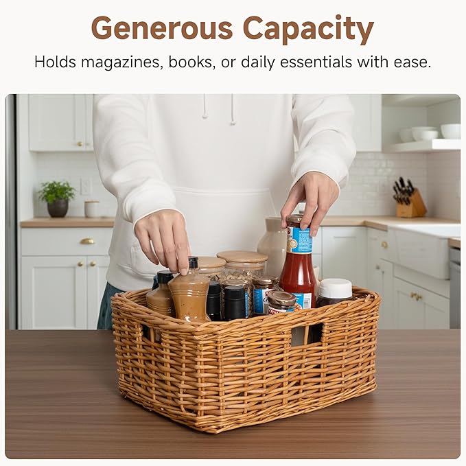 StorageWorks Pantry Baskets, Willow Storage Baskets for Organizing, Shelves, Pantry Organizers and Storage, Brown, 15"L x 11"W x 6 ¾"H