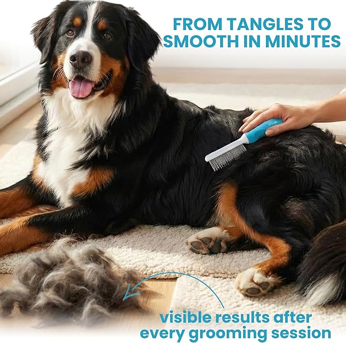 Poodle Grooming Comb - Metal Dematting Comb with Long & Short Stainless Steel Teeth for Removing Matted Hair & Knots, Safe and Gentle for Dogs & Cats