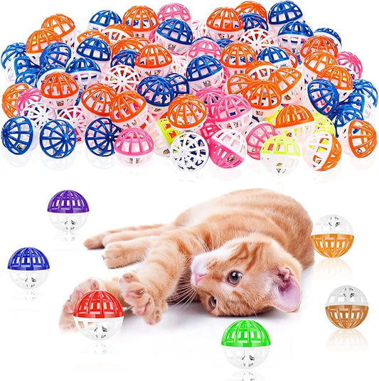 Hungdao 100 Pieces Cat Toys Balls, Plastic Lattice Balls Small Crinkle Cat Toys Assorted with Bell for Kitten Kitty PET Chase Pounce Rattle Play Toys, Assorted Color