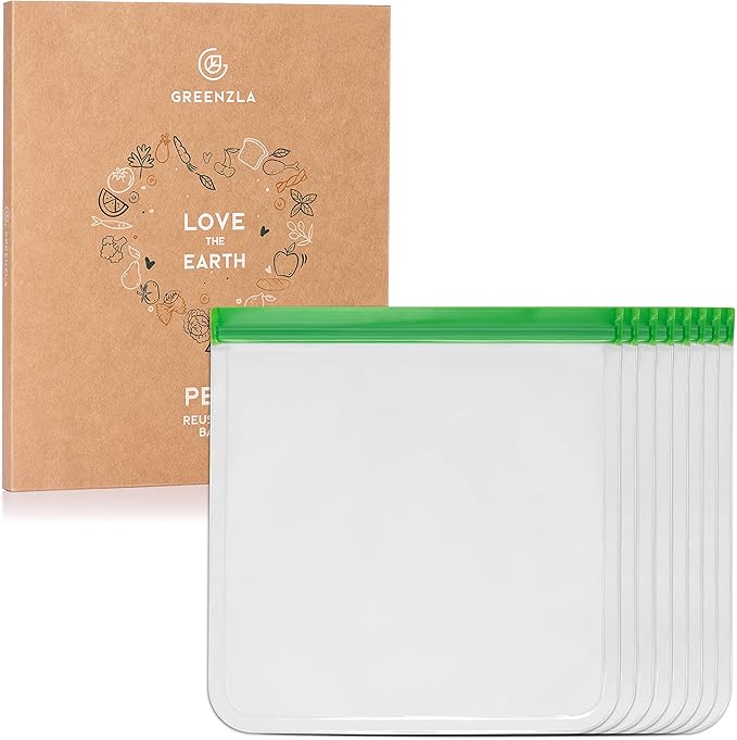 GREENZLA Planet Friendly Reusable Freezer Bags, 8-Pack Extra Thick and Leakproof & Resealable - For Safe Food Storage, Marinating, Snacks, & Meal Prep, Reusable Bags for Food, & Freezer Safety