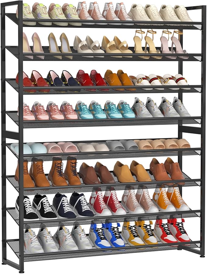 Large Shoe Rack 8 Tier Shoe Organizer, Heavy Duty Metal 4-Tier Stackable Shoe Storage Vertical Shoe Rack for Closet Front Door Entrance, Up to 50 Pairs, 44.8" W x 11.4" D x 56.7" H, Black