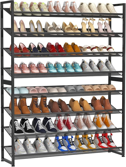 Large Shoe Rack 8 Tier Shoe Organizer, Heavy Duty Metal 4-Tier Stackable Shoe Storage Vertical Shoe Rack for Closet Front Door Entrance, Up to 50 Pairs, 44.8" W x 11.4" D x 56.7" H, Black