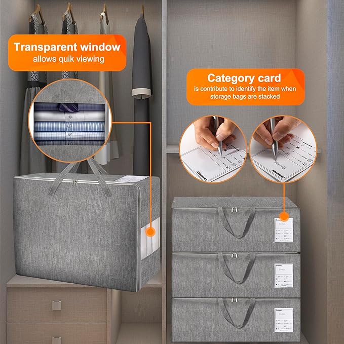 2 Pack 85L Comforter Storage Bags, Extra Large Bedding Storage Bags with Category Card and Clear Window, Reinforced Handles & Zippers, Foldable Closet Organizers for Blanket Pillow