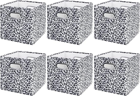ANMINY 6PCS Storage Cubes Leopard Cheetah Print Velvet Fabric Storage Bins for Shelves, Collapsible Washable Closet Storage Baskets Boxes with Handles for Organizing and Storage -Gray, 11"x 11"x 11"