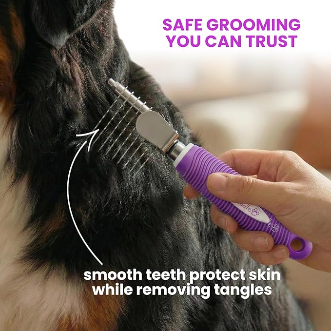 Poodle Dematting Fur Rake Comb Brush for Dogs and Cats - Long 2.5" Steel Safety Blades Metal Comb for Detangling Matted or Knotted Undercoat Hair