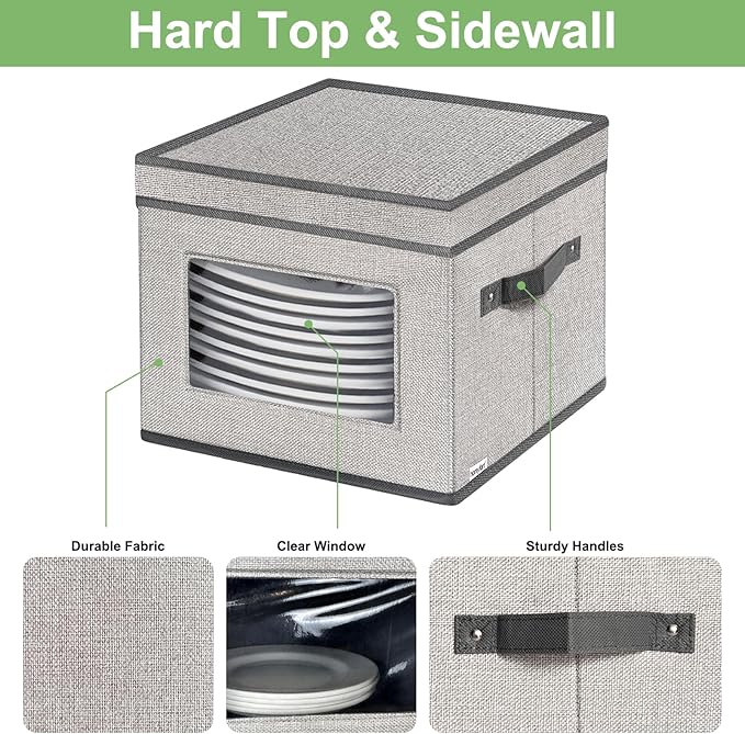 homyfort China Storage Containers With Lid and Handles, Dinnerware Storage Box for Dishes with 12 Felt Dividers, Hold 24 Plates,12 x 12, Set of 2, Light Grey