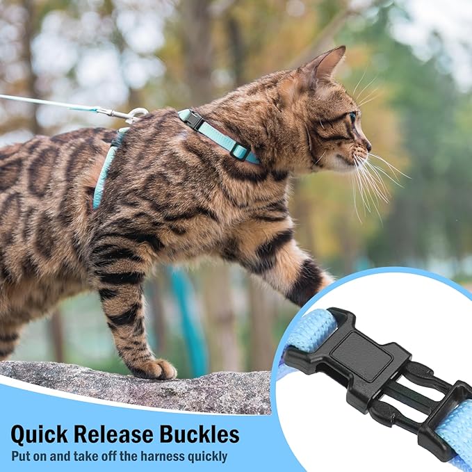 PUPTECK Adjustable Cat Harness and Leash Set Escape Proof Kitten Strap Collar for Walking Travel, Sky Blue, M