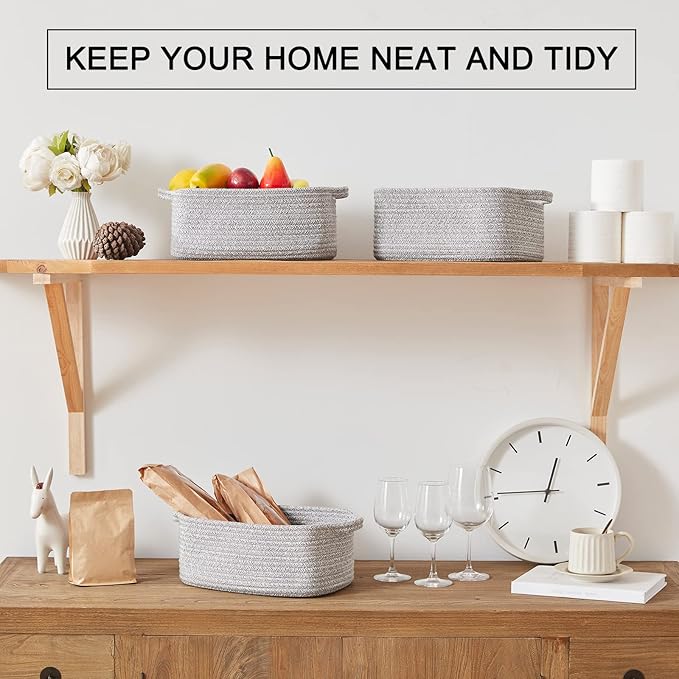 OIAHOMY Cotton Rope Baskets, Woven Baskets for Storage, Nursery Storage Baskets, Rectangle Storage Basket with Handles, Storage Baskets for Shelves, Pack of 3, Gray Variegated