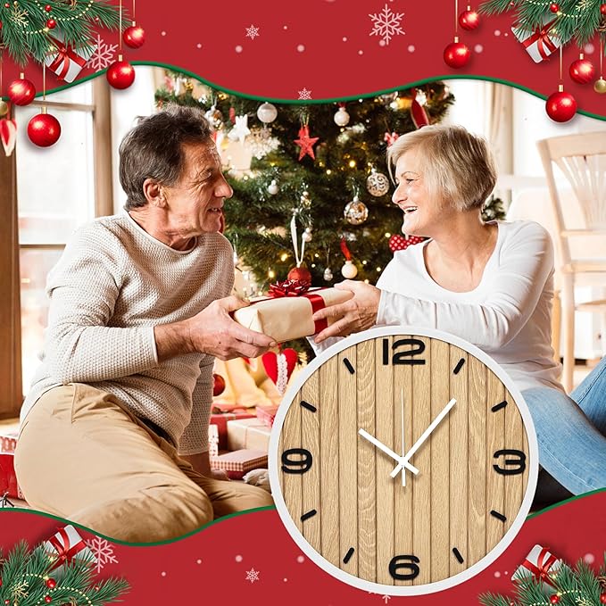 12 Inch Round Wall Clock Wooden - Battery Operated Silent Decorative Analog Clocks for Apartment, Bedroom, Kitchen, Entryway, Classroom - Fits Farmhouse/Modern Home Styles