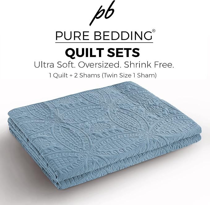 Pure Bedding Quilt Set Full/Queen Size Ash Blue - Oversized Bedspread - Soft Microfiber Lightweight Coverlet for All Season - 3 Piece Includes 1 Quilt and 2 Shams, Geometric Pattern