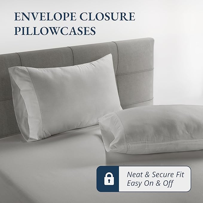 LANE LINEN 100% Organic Cotton Fitted Sheet Queen, Fully Elasticized Soft & Comfy Sustainably Produced Oeko-Tex Certified Snug Fit Deep Pocket 15" Fitted Sheet Only (+Pillowcases) -Silver